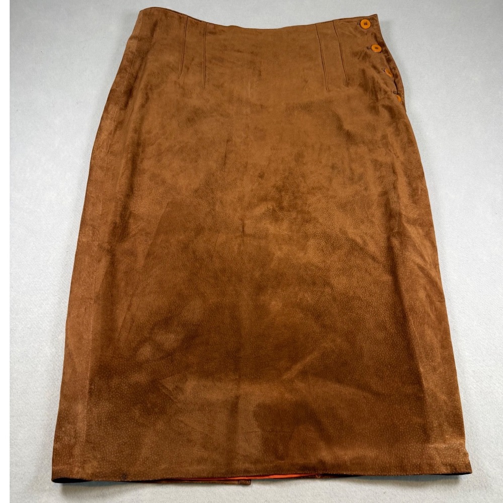 Talbots Vintage Brown Suede Leather Midi Skirt Side Button Pencil Size 18 USA